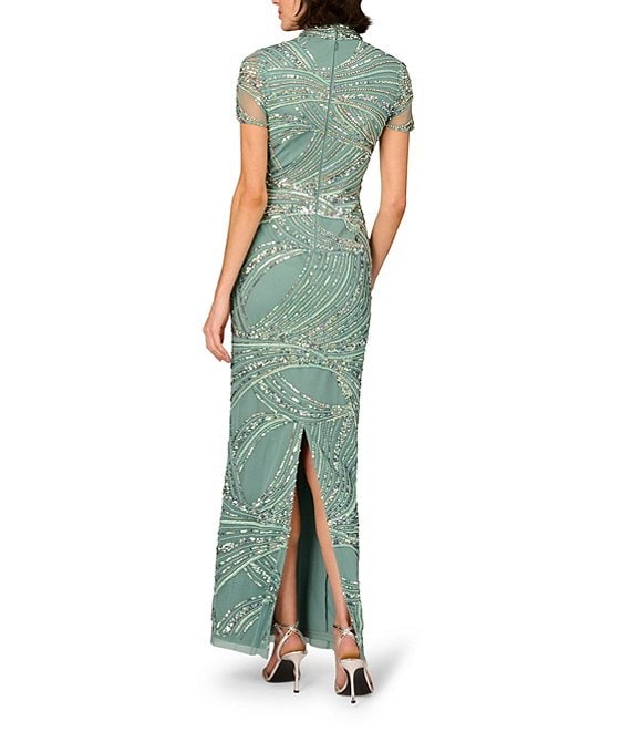 Green Slate Aidan Mattox MD1E209829 High-Neck Long Sequin Evening Back Slit
