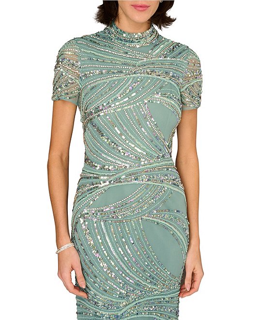 Green Slate Aidan Mattox MD1E209829 High-Neck Long Sequin Evening Back Slit