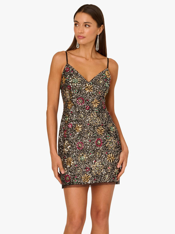 V-Neck Mini/Short Sequin Cocktail Sheath/Column Adrianna Papell ADAE212554