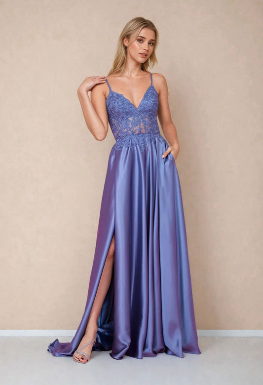Long Chiffon Lace Illusion Formal Prom  Dress Wholesale