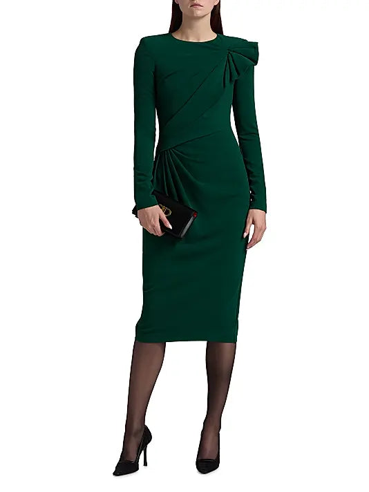 Dark Emerald Crew Neck Midi Jersey Cocktail Dress Ruched Detail Badgley Mischka SC4457
