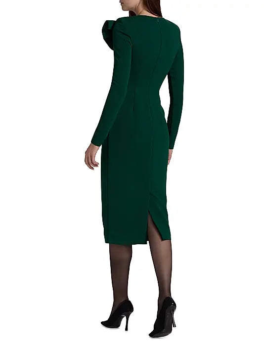Dark Emerald Crew Neck Midi Jersey Cocktail Dress Ruched Detail Badgley Mischka SC4457