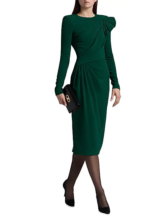 Dark Emerald Crew Neck Midi Jersey Cocktail Dress Ruched Detail Badgley Mischka SC4457