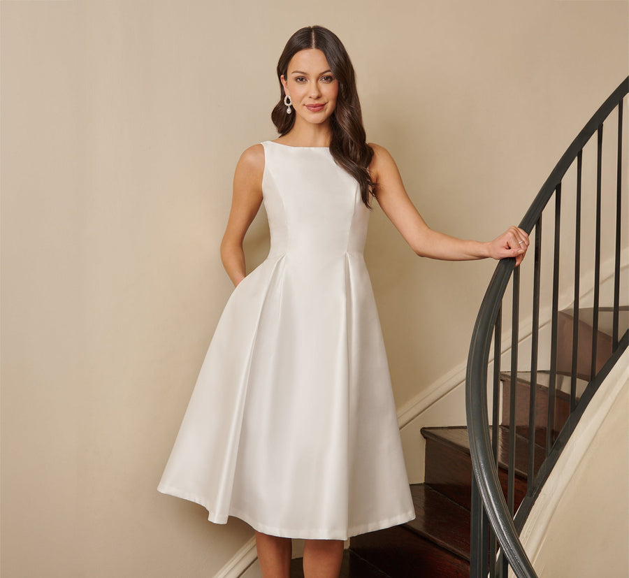Sleeveless Mikado Fit And Flare Midi Dress With V Back