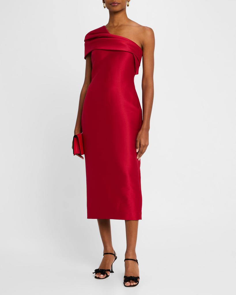 Red One-Shoulder Midi-Length Satin Formal Sheath Dress Draped Neckline Badgley Mischka SC4316