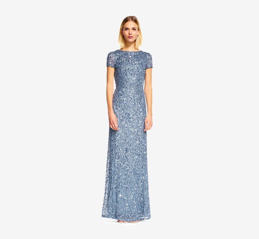 Nile Blue Crew-Neck Floor-Length Sequin Mesh Formal Evening Short Sleeve Sheath Dress Adrianna Papell 091874600