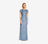 Nile Blue Crew-Neck Floor-Length Sequin Mesh Formal Evening Short Sleeve Sheath Dress Adrianna Papell 091874600