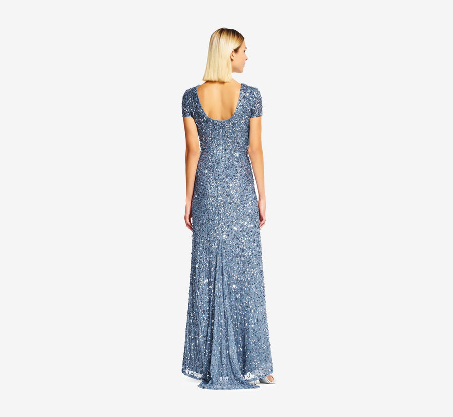 Nile Blue Crew-Neck Floor-Length Sequin Mesh Formal Evening Short Sleeve Sheath Dress Adrianna Papell 091874600