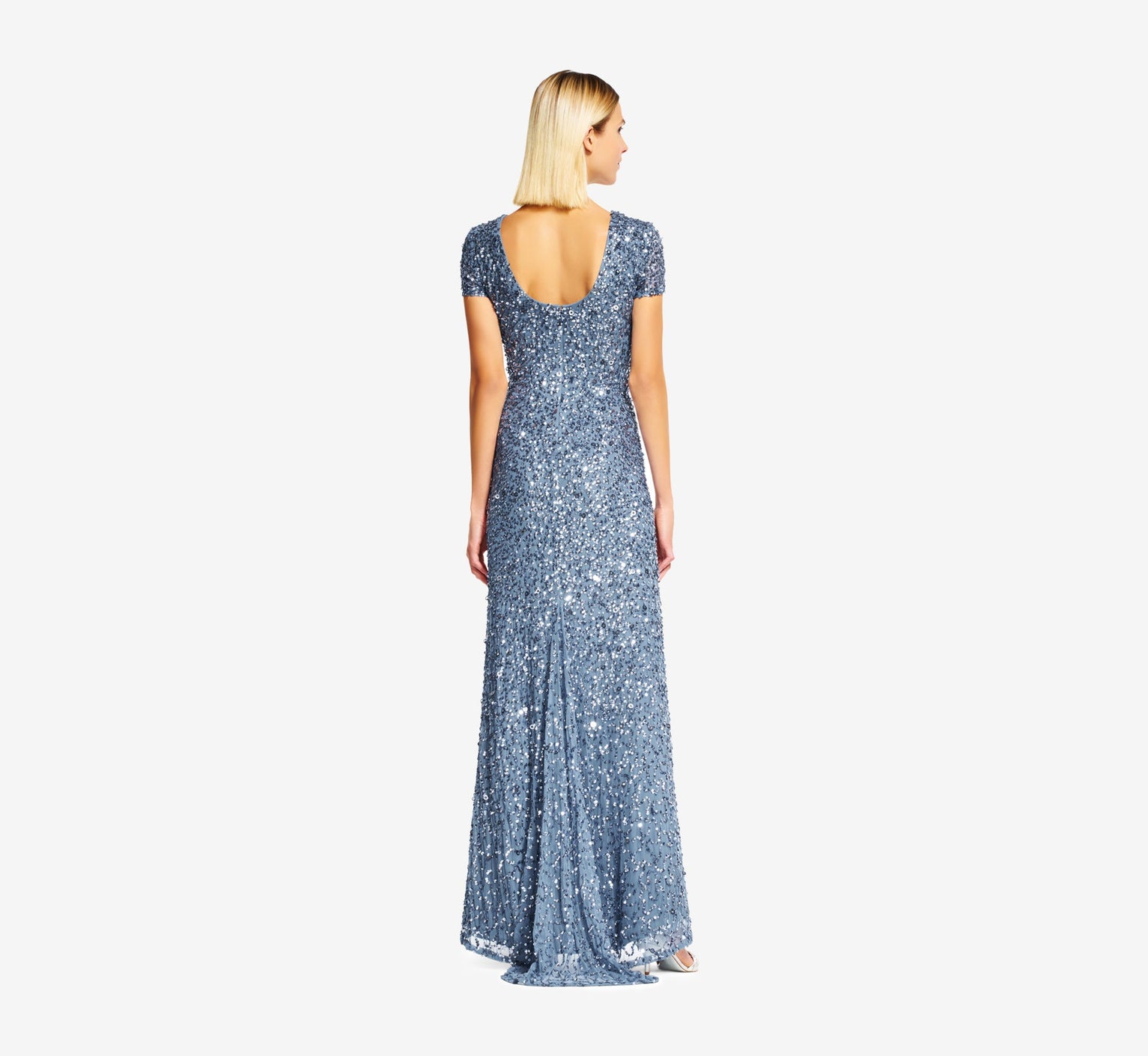 Nile Blue Crew-Neck Floor-Length Sequin Mesh Formal Evening Short Sleeve Sheath Dress Adrianna Papell 091874600