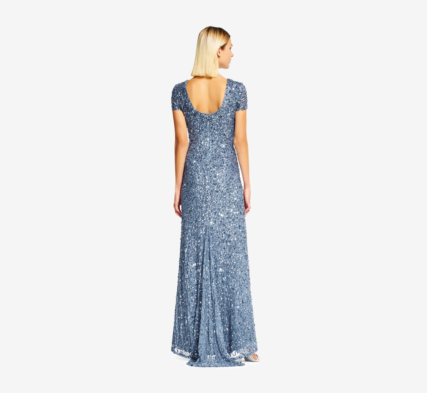 Nile Blue Crew-Neck Floor-Length Sequin Mesh Formal Evening Short Sleeve Sheath Dress Adrianna Papell 091874600