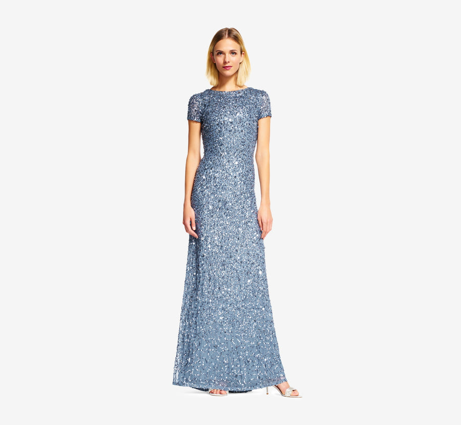 Nile Blue Crew-Neck Floor-Length Sequin Mesh Formal Evening Short Sleeve Sheath Dress Adrianna Papell 091874600