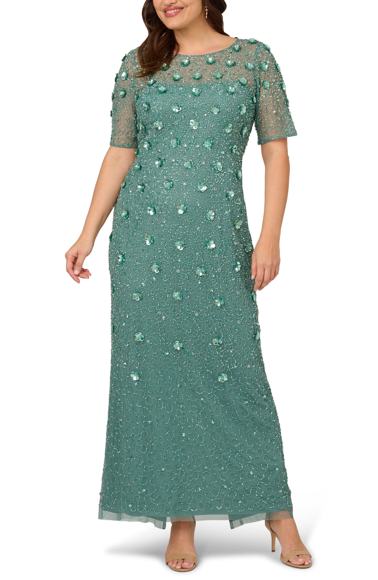 Green Slate Adrianna Papell AP1E209314 Scoop Floor-Length Mesh Formal Floral Sequin Gown