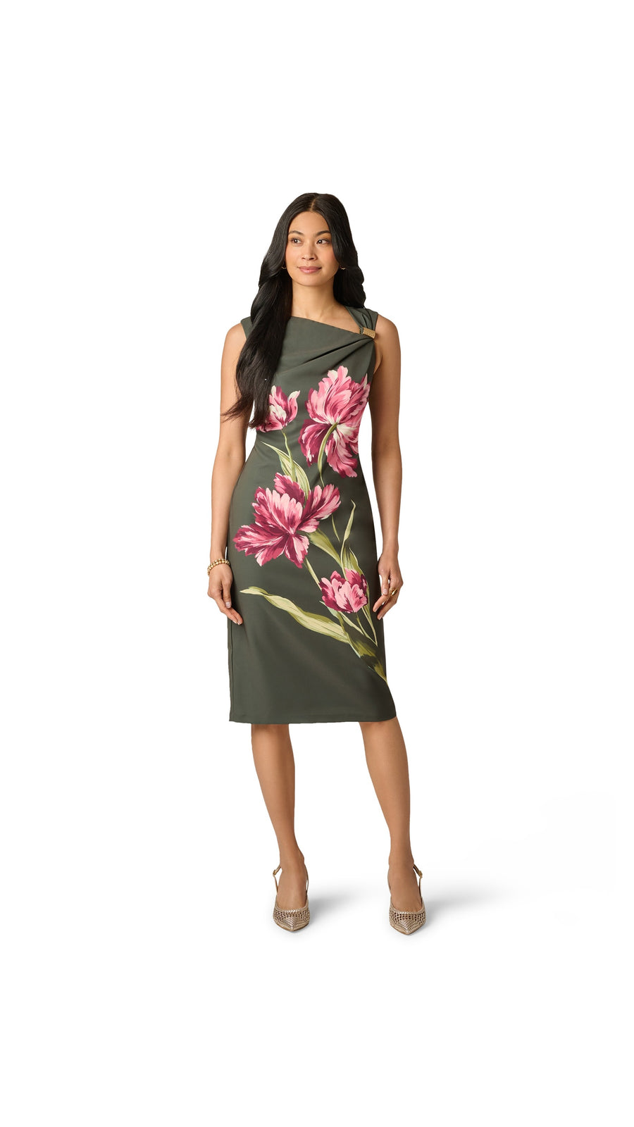 Asymmetrical Floral Print Stretch Crepe Midi Dress Adrianna Papell 106618 Wholesale
