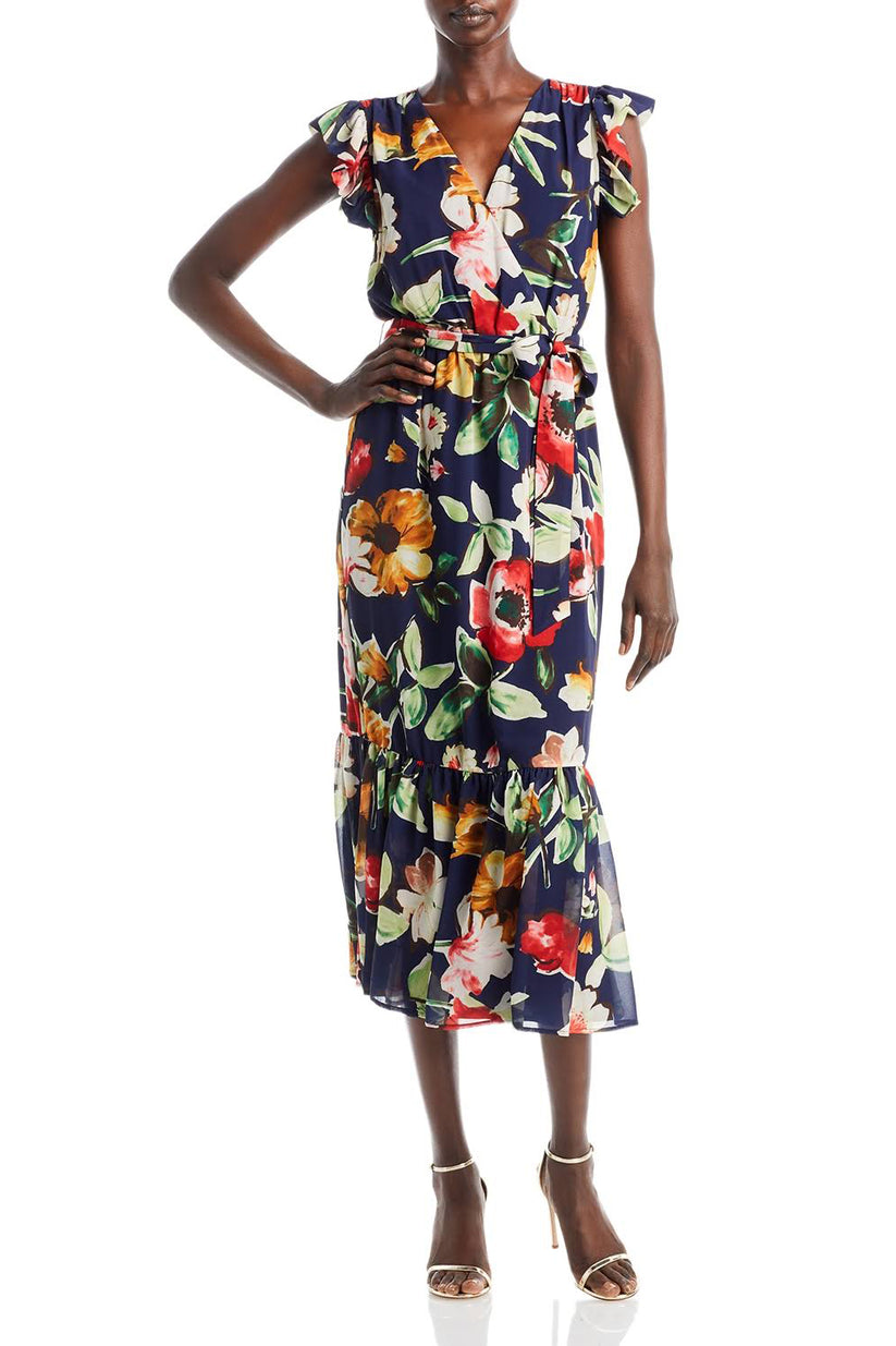 Cocktail Dresses Floral Print Ruffle Midi Cockatil Dress Navy Multi