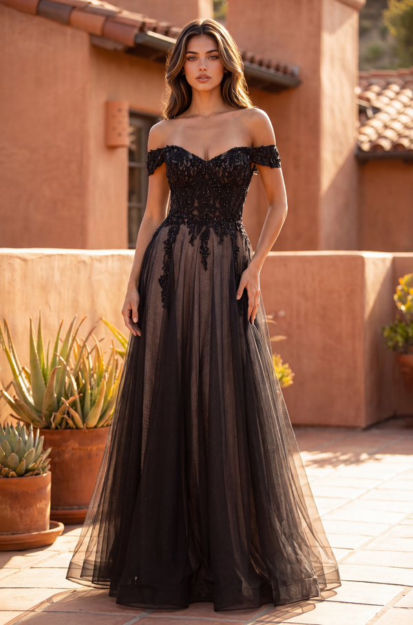 Long Off Shoulder Corset Formal Dress