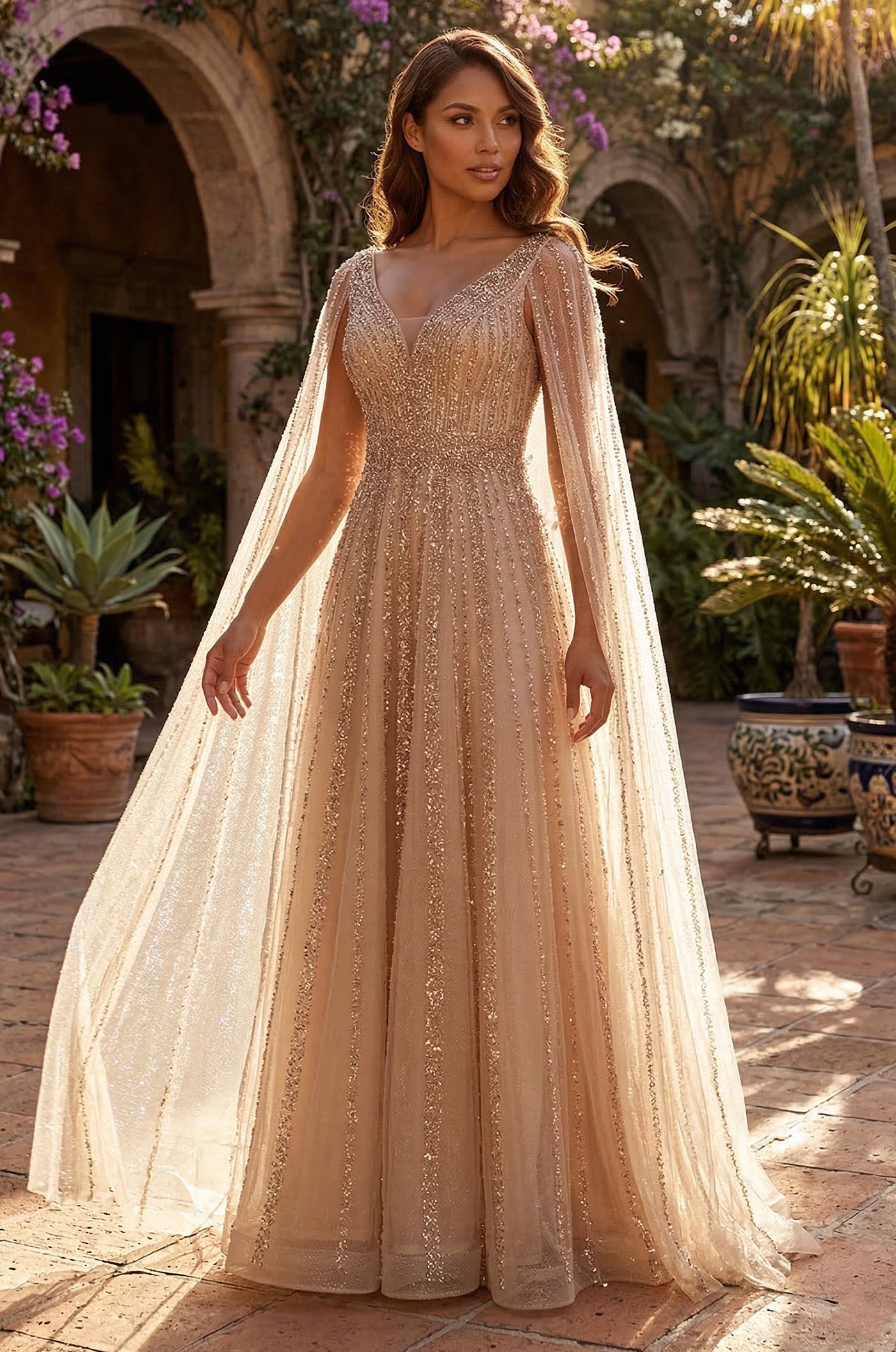 Cape Sleeve Heavy Beaded Couture Formal Dress Wholesale