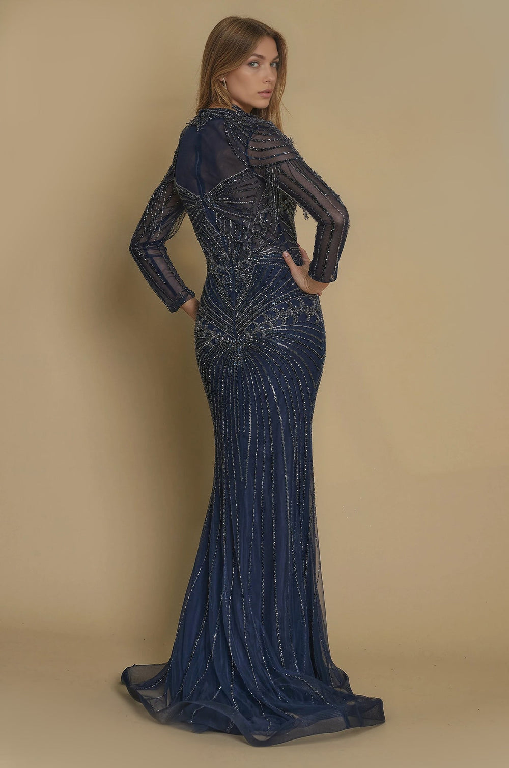 Formal Dresses Dubai Hand Beaded Long Sleeve Couture Dress Navy