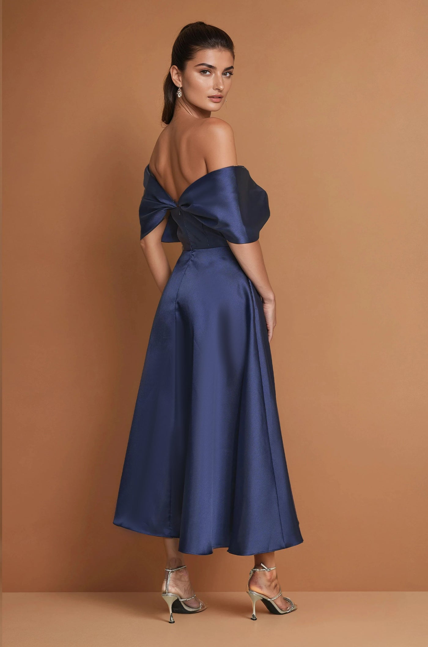 Cocktail Dresses Midi Formal Cocktail Dress Off Shoulder Sleeves Navy