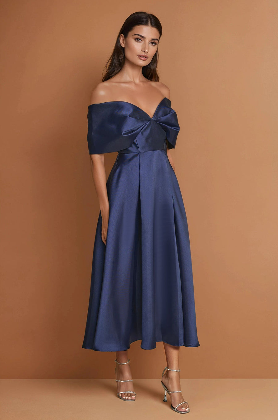 Cocktail Dresses Midi Formal Cocktail Dress Off Shoulder Sleeves Navy