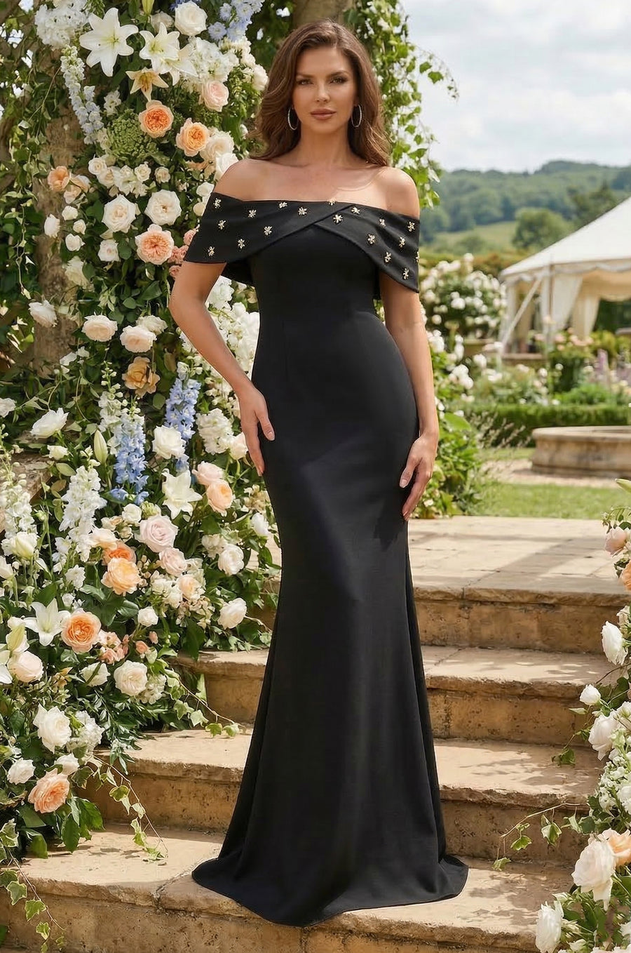 Long Crepe Off Shoulder Jewel Trim Formal Column Gown Wholesale