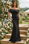 Long Crepe Off Shoulder Jewel Trim Formal Column Gown Wholesale