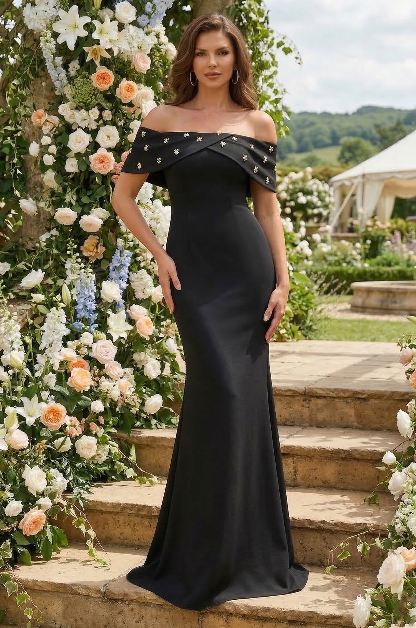 Long Crepe Off Shoulder Jewel Trim Formal Column Gown Wholesale