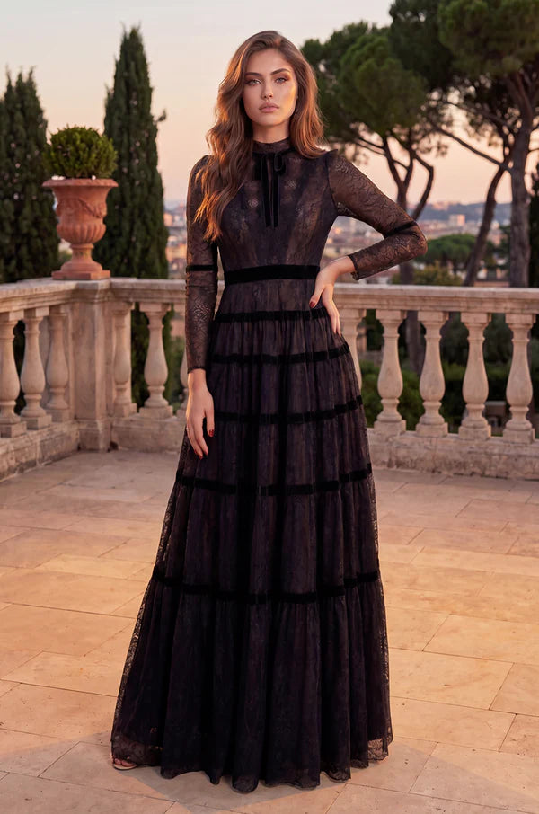 Long Sleeve Formal Tiered A Line Lace Evening Dress Wholesale