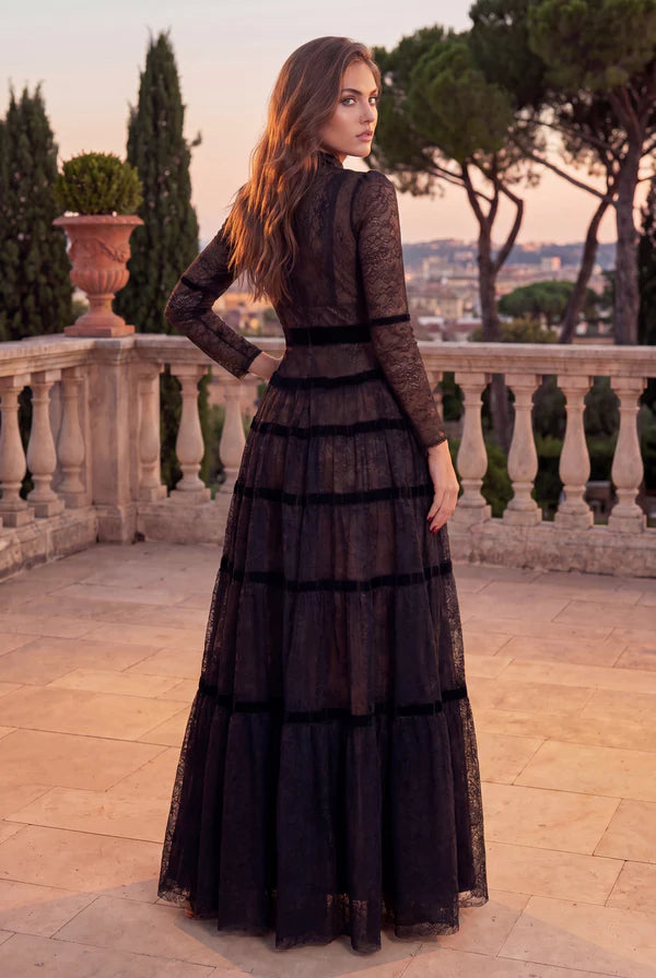 Long Sleeve Formal Tiered A Line Lace Evening Dress Wholesale