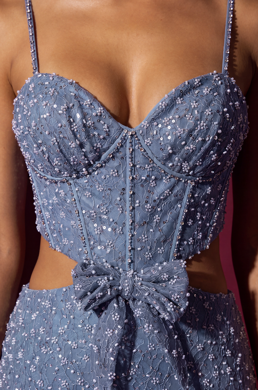 Long Beaded Side Cut Out with Bow Prom Dress Wholesale