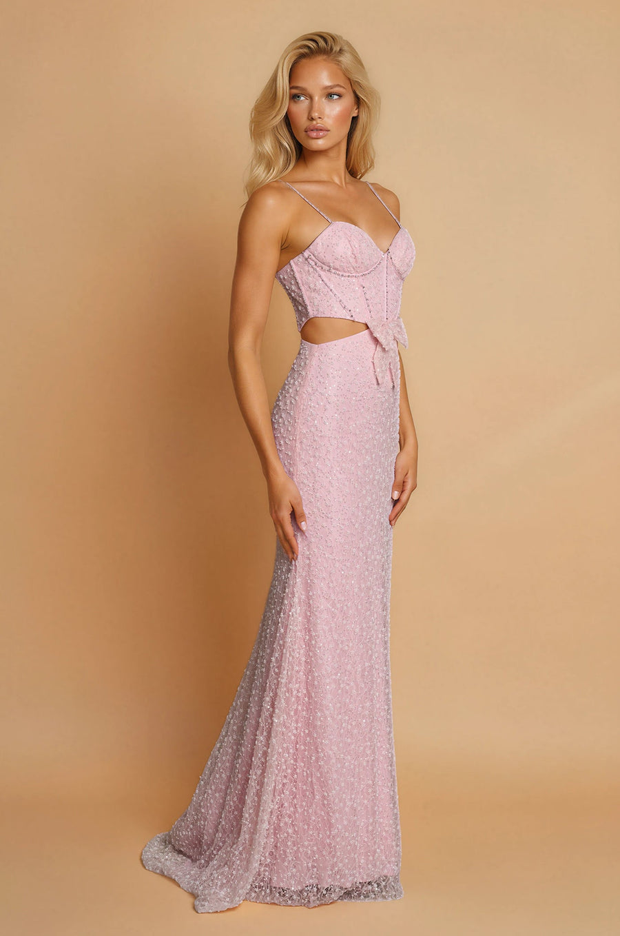 Prom Dresses Long Beaded Side Cut Out with Bow Prom Dress Pink