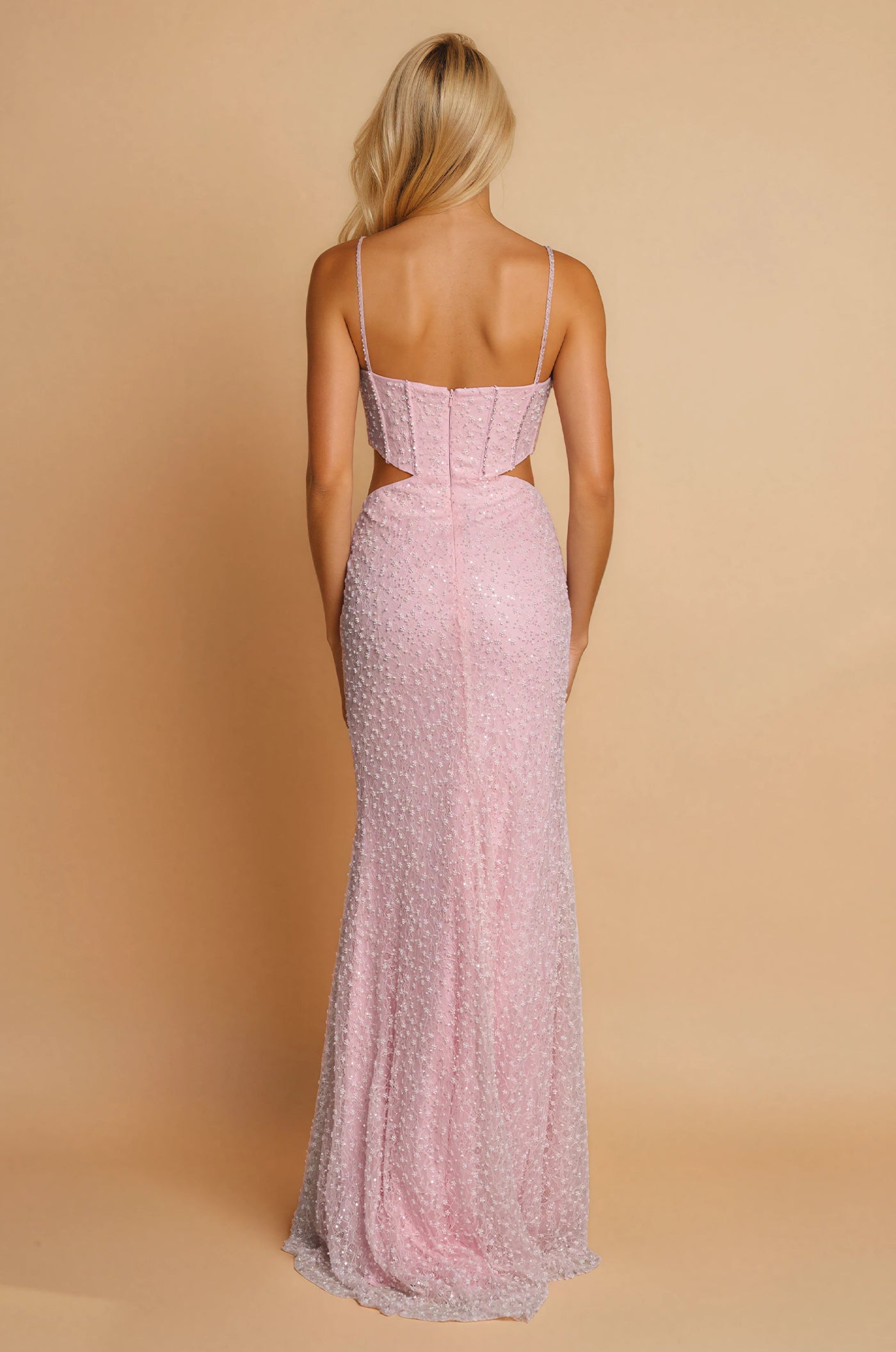 Prom Dresses Long Beaded Side Cut Out with Bow Prom Dress Pink