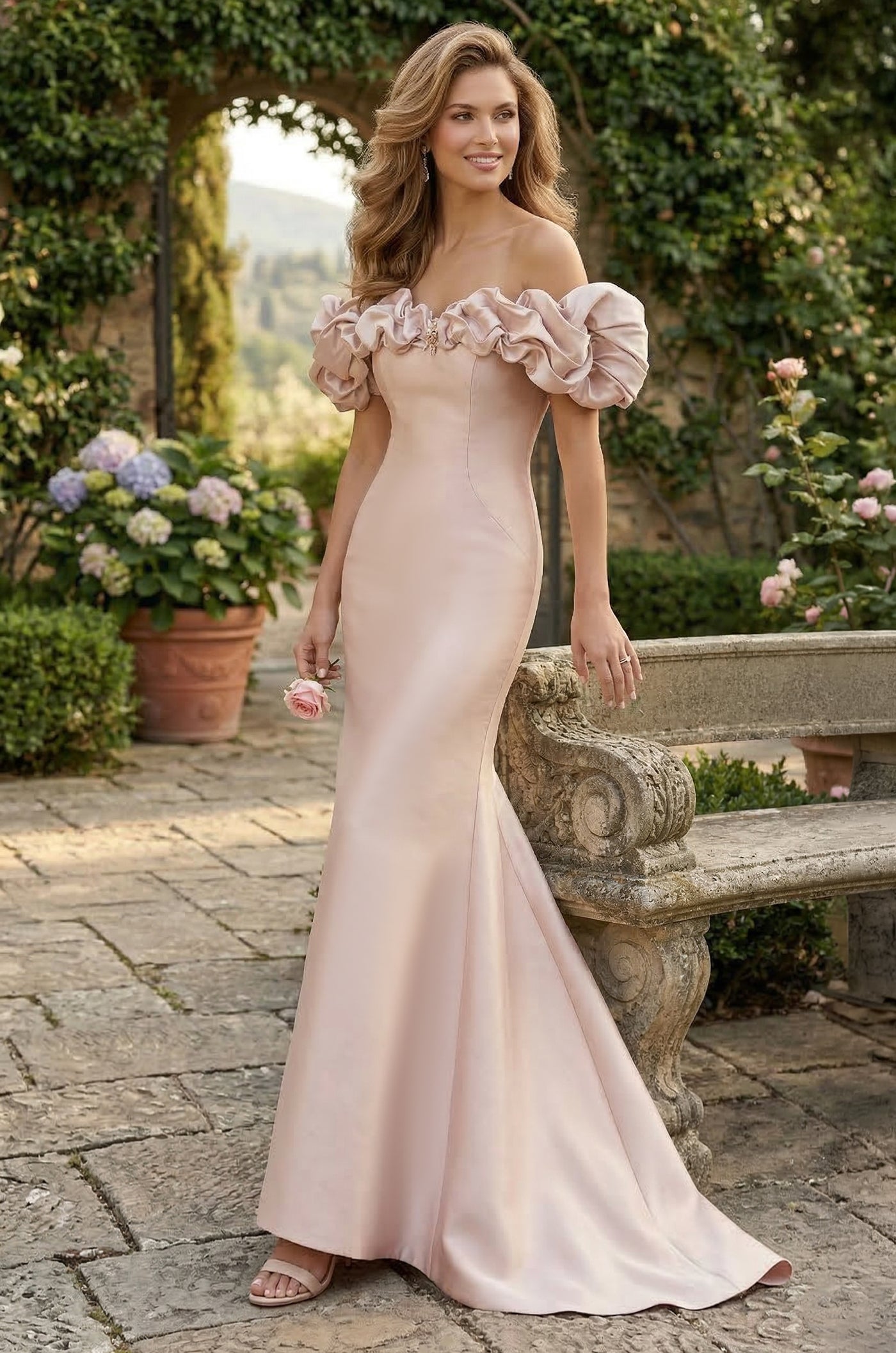 Ruffled Sleeve Long Formal Evening Dress Wholesale