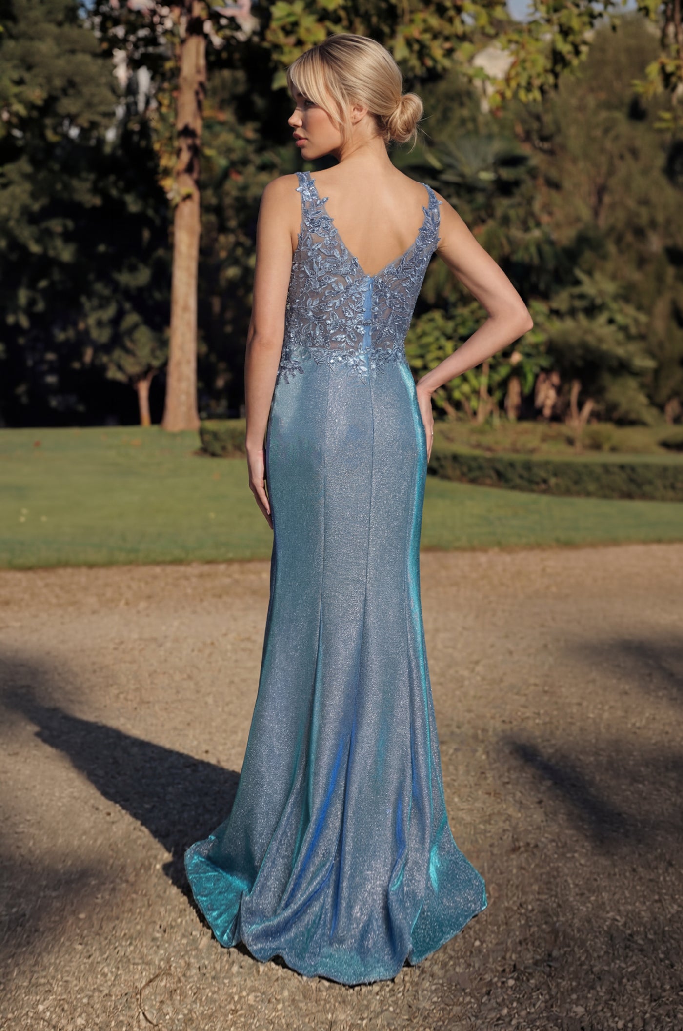 Long V Neck Metalic Formal Dress Wholesale