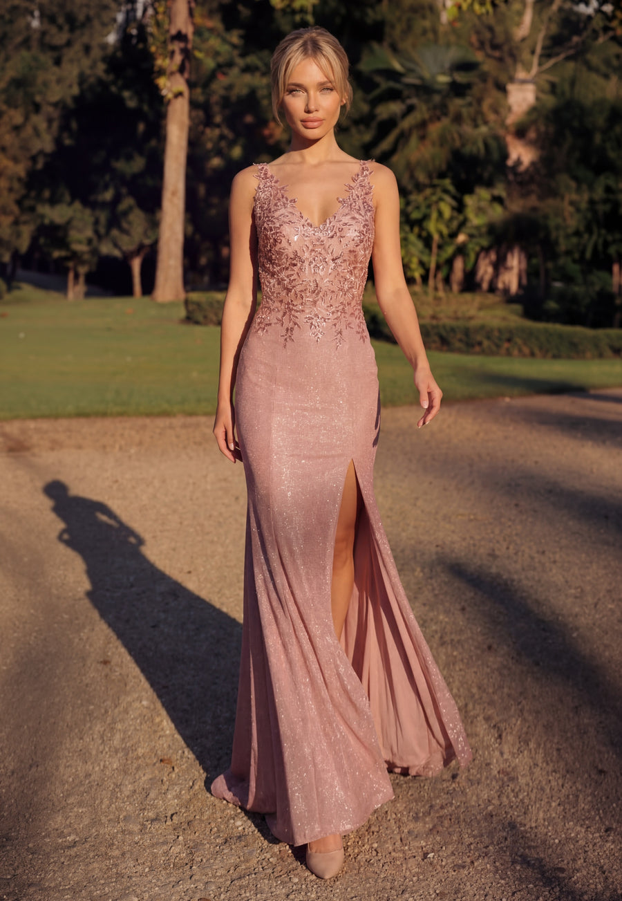Long V Neck Metalic Formal Dress Wholesale