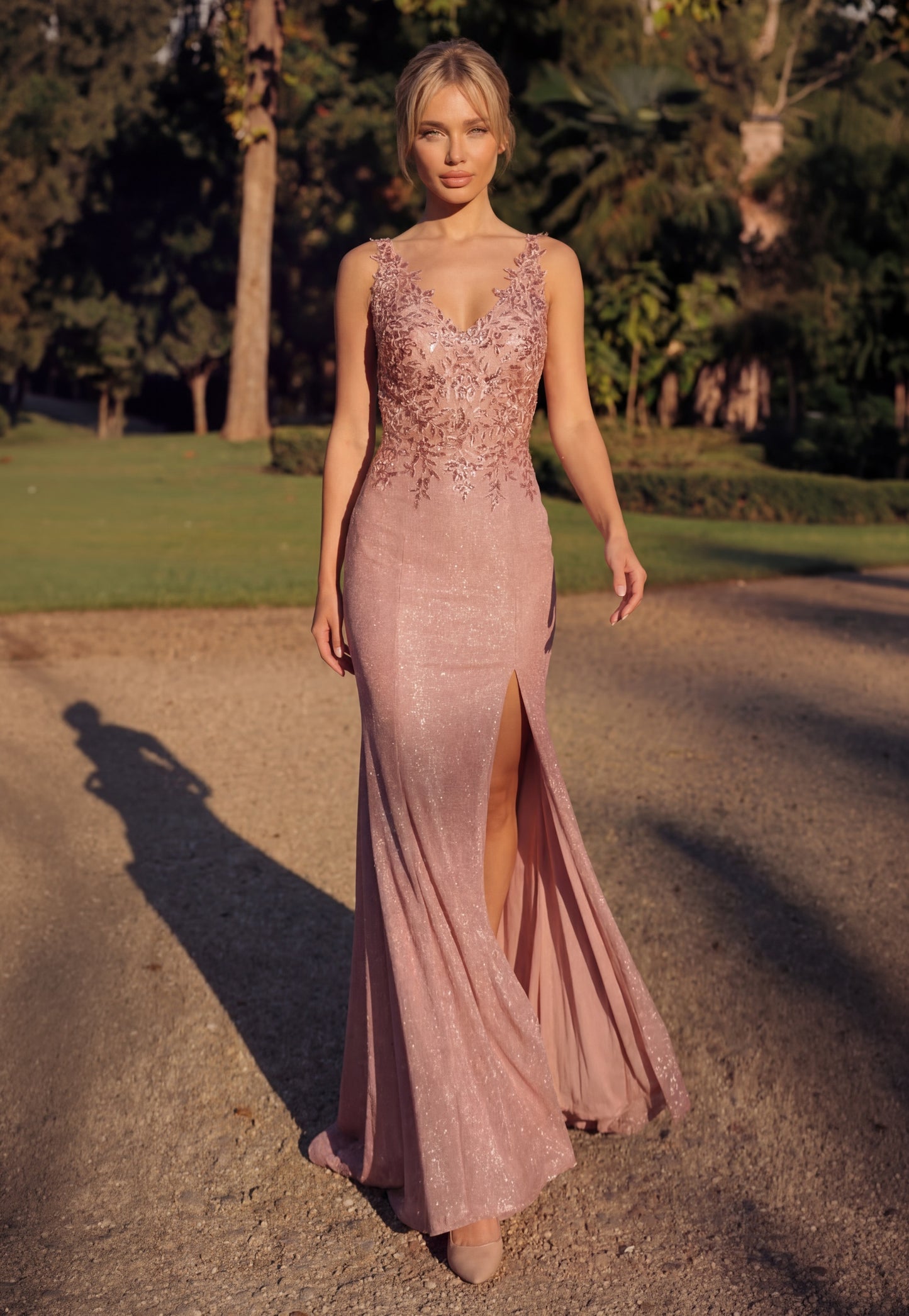 Long V Neck Metalic Formal Dress Wholesale