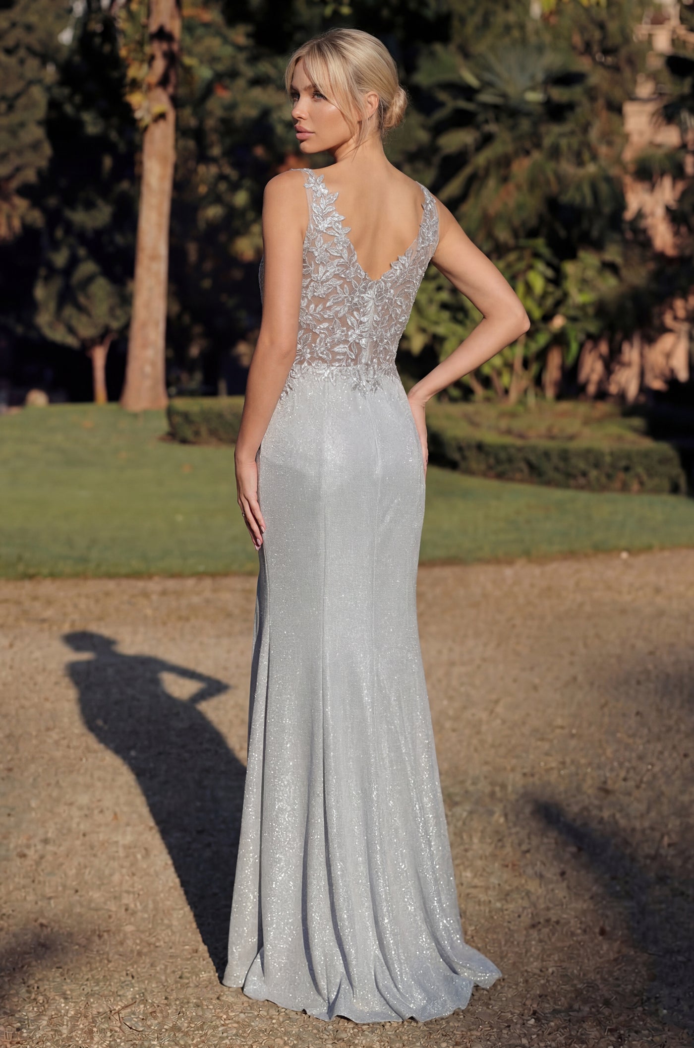 Long V Neck Metalic Formal Dress Wholesale