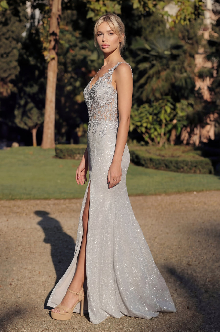 Long V Neck Metalic Formal Dress Wholesale