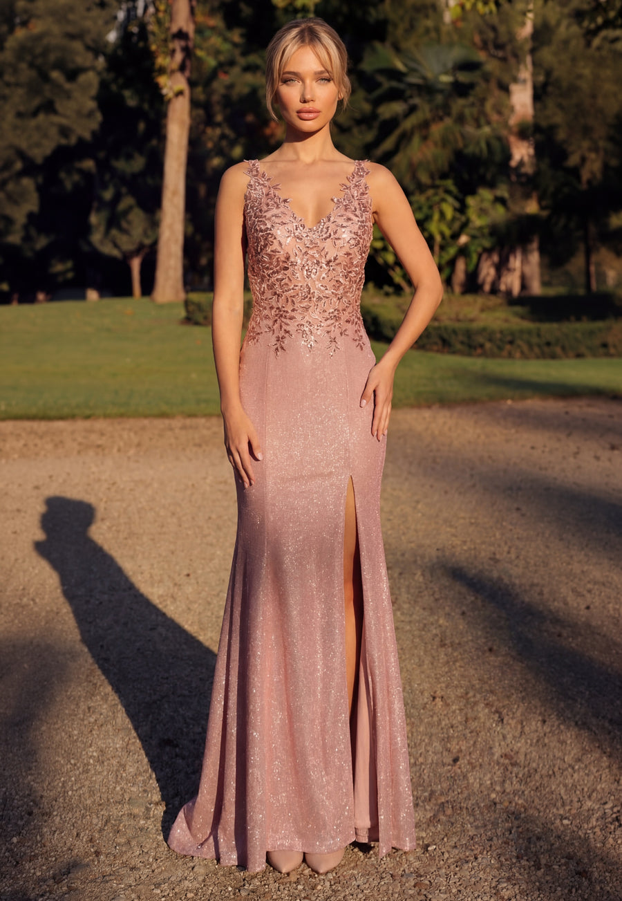 Long V Neck Metalic Formal Dress Wholesale