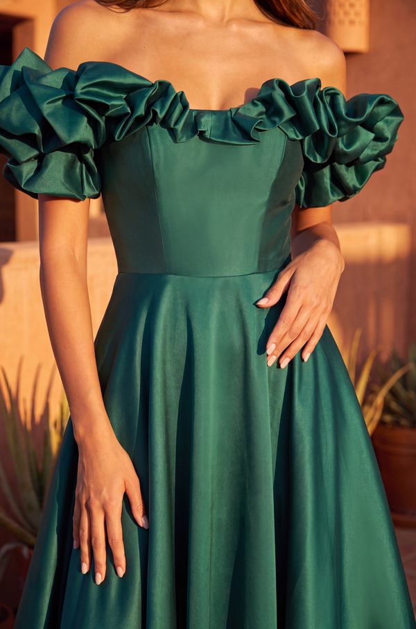 Long Ball Gown Satin Ruffle Off Shoulder Prom Dress