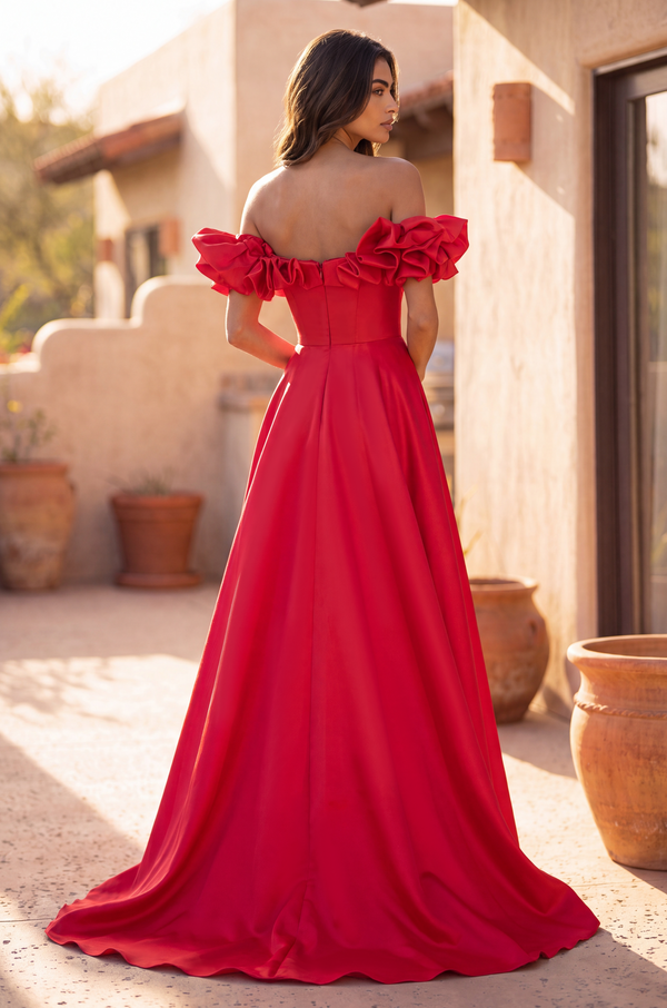 Long Ball Gown Satin Ruffle Off Shoulder Prom Dress