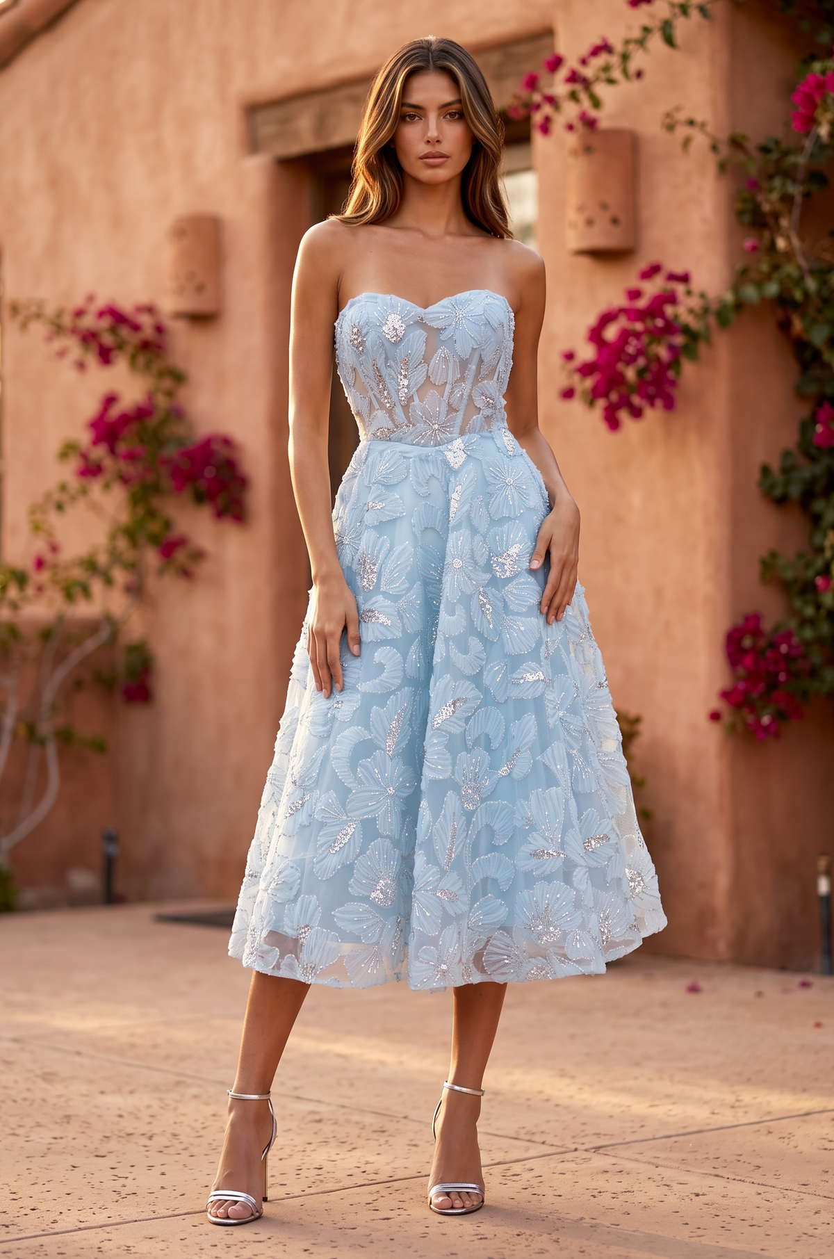 Strapless Formal A Line Floral Lace Midi Cocktail Dress