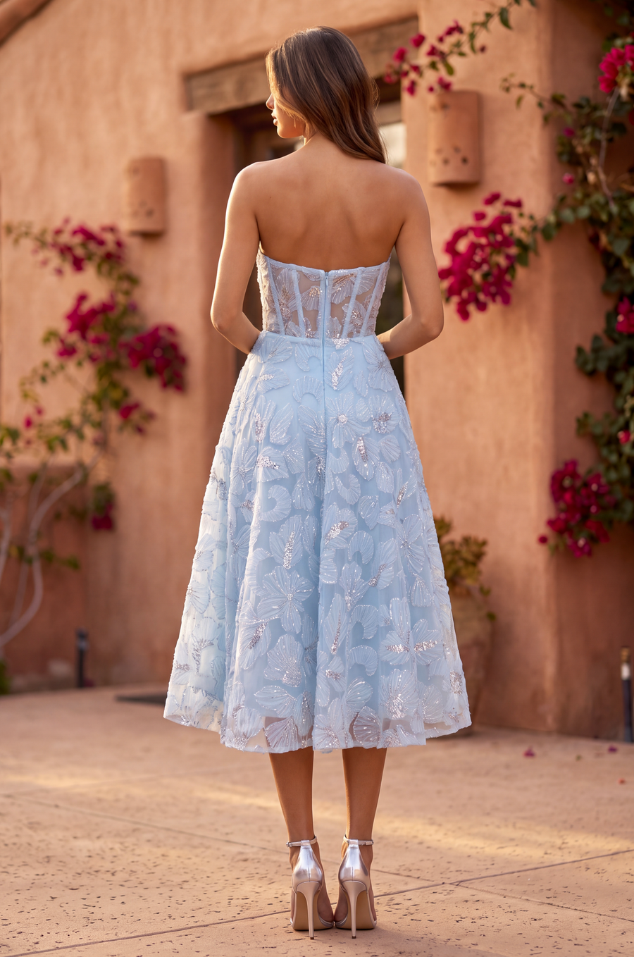 Strapless Formal A Line Floral Lace Midi Cocktail Dress
