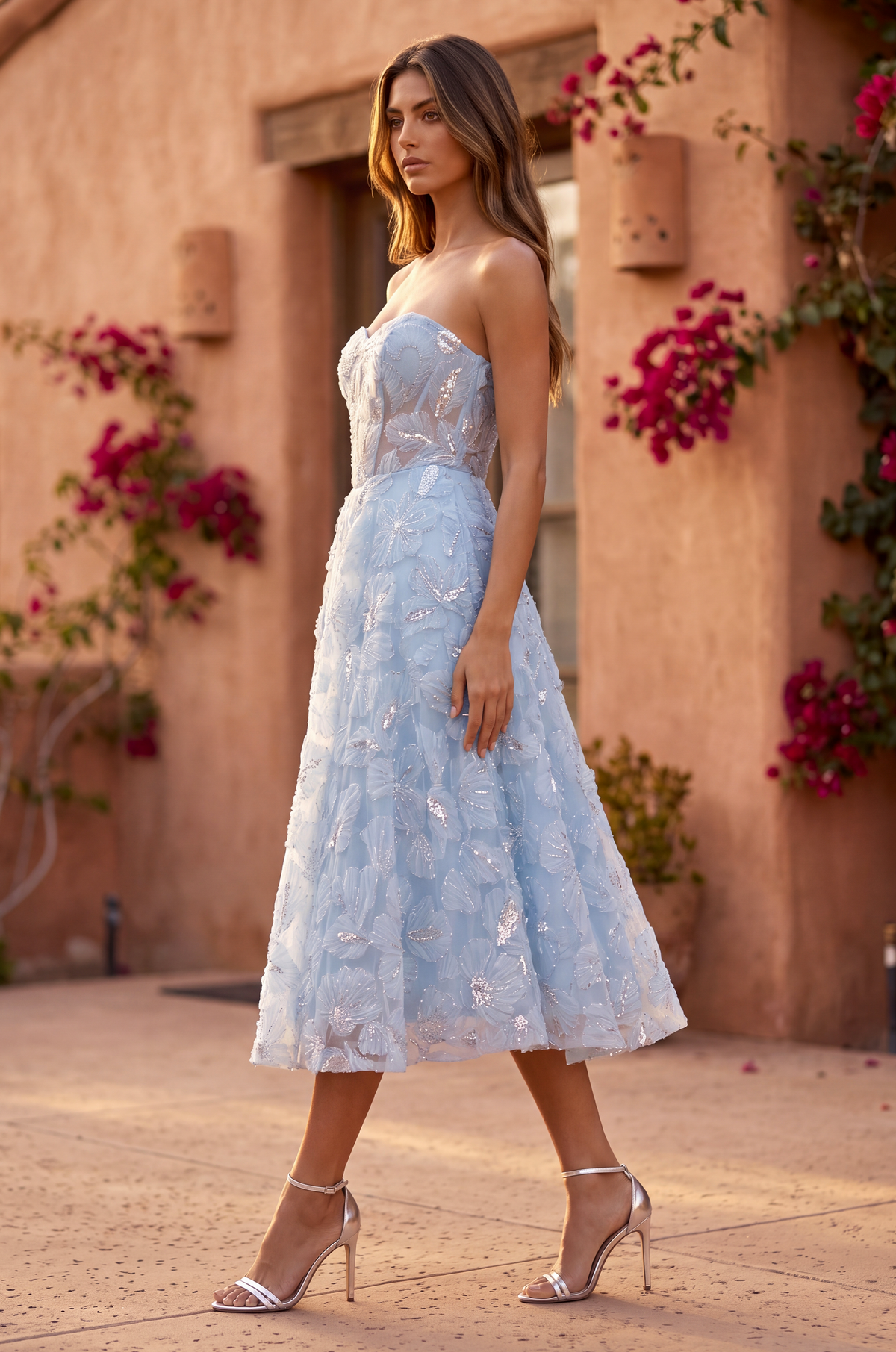 Strapless Formal A Line Floral Lace Midi Cocktail Dress