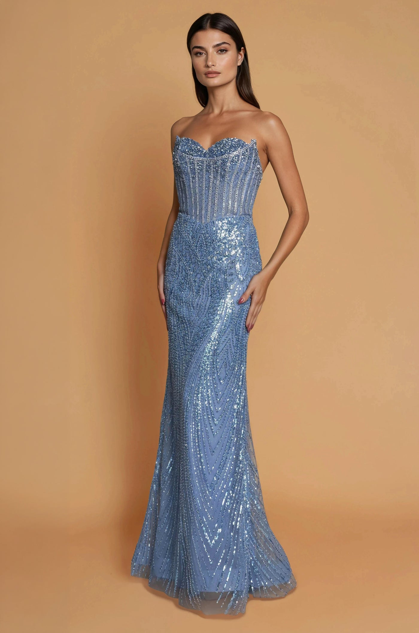 Prom Dresses Beaded Long Formal Mermaid Corset Bodice Evening Dress Periwinkle