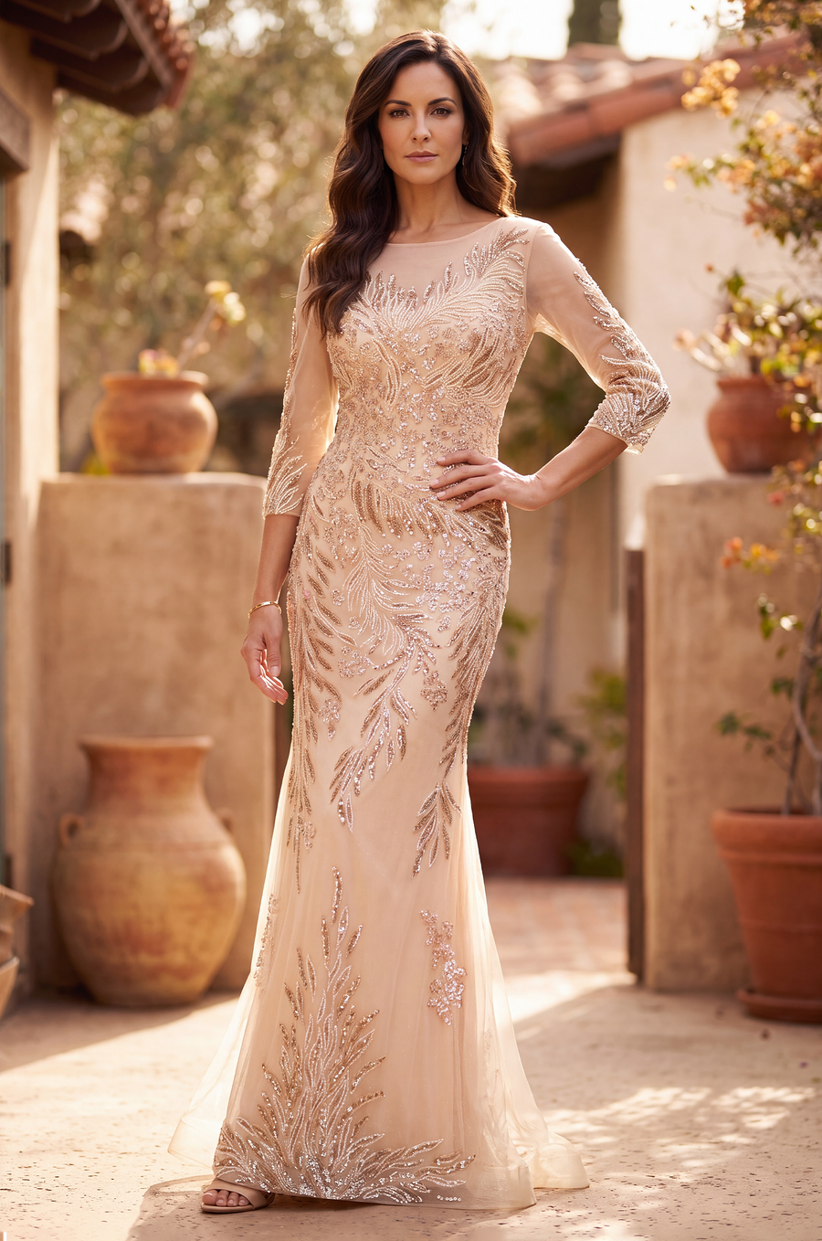 Long Sleeve Formal Feather Sequins Evening Dress Wholesale
