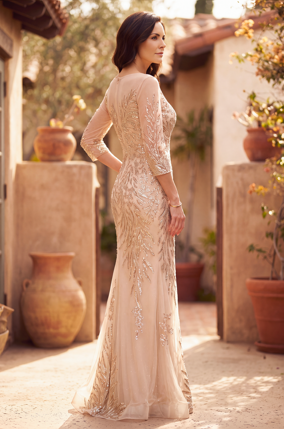 Long Sleeve Formal Feather Sequins Evening Dress Wholesale