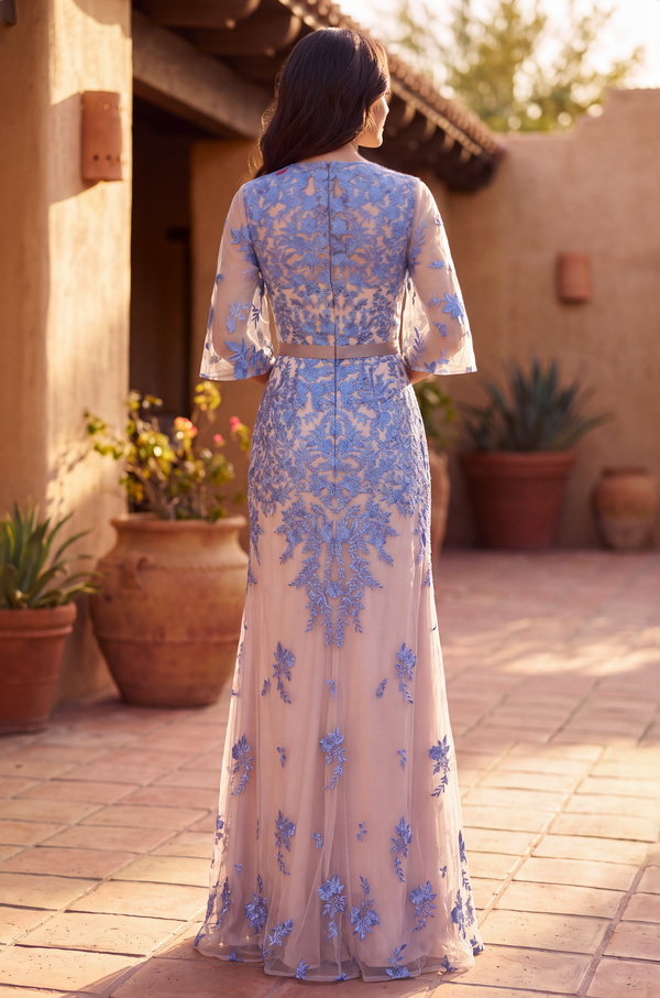 Long Floral Lace Formal Flutter Sleeve Evening Dress Wholesale