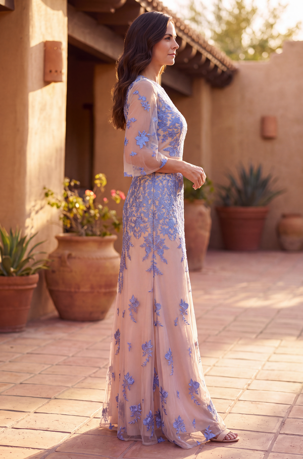 Long Floral Lace Formal Flutter Sleeve Evening Dress Wholesale