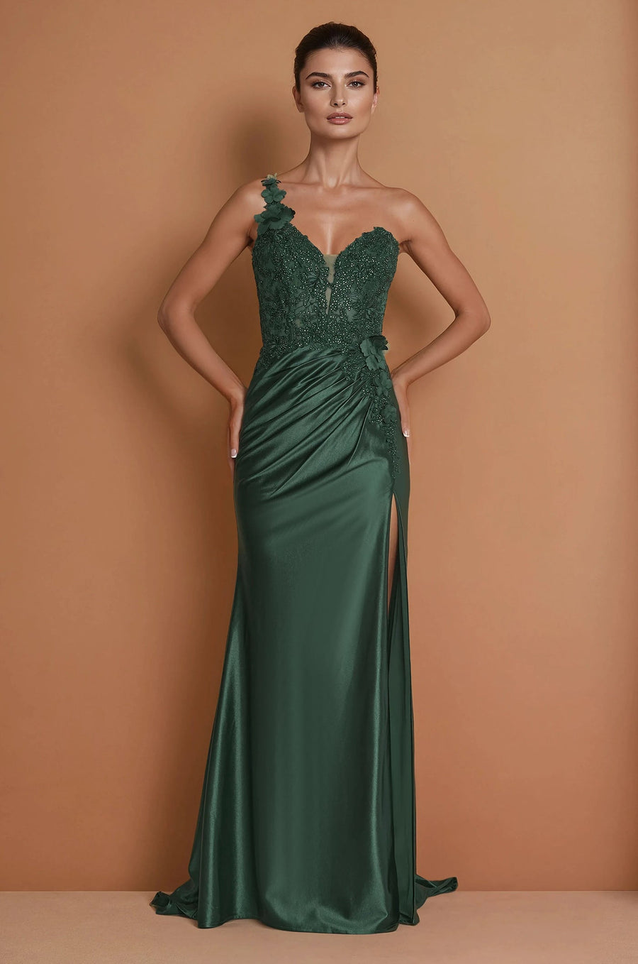 Formal Dresses One Shoulder Formal Dress with Lace Bodice Emerald Green