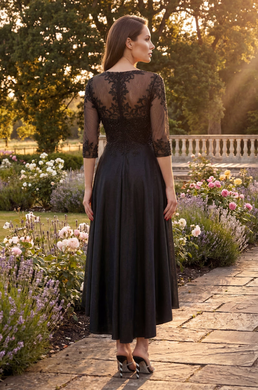 Glitter Swirl Embroidered A Line Formal Dress in Black